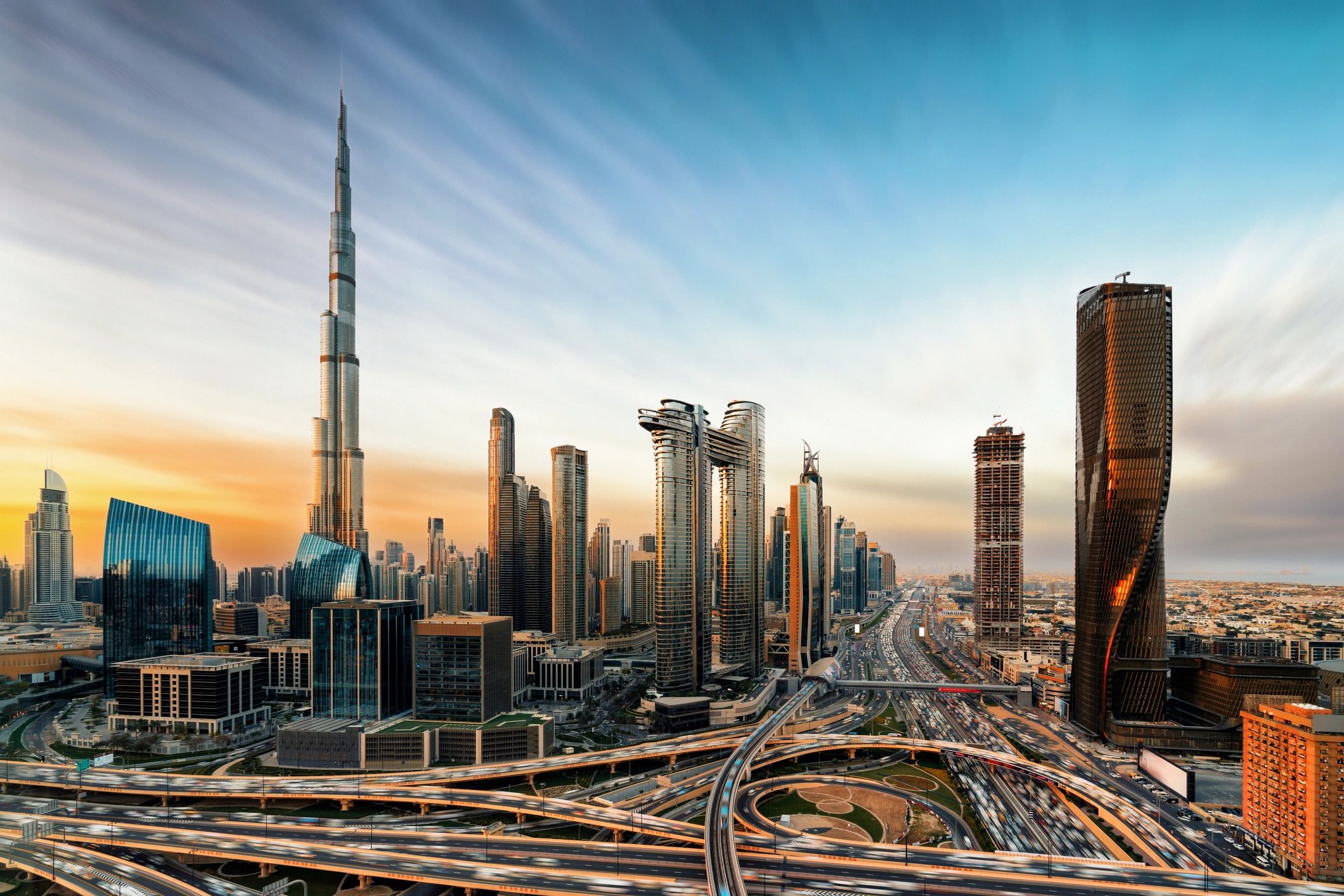 Dubai skyline with Burj Khalifa at golden hour